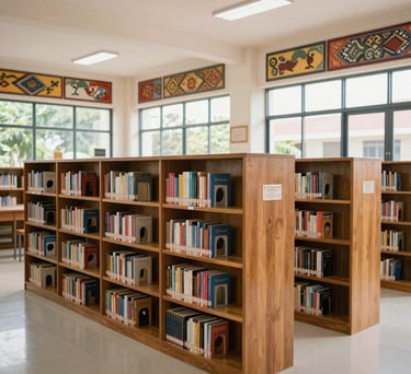 Photography of a modern elementary school library in Indonesia with wooden bookshelves and bright, natural lighting from large windows, featuring Southeast Asian design elements.