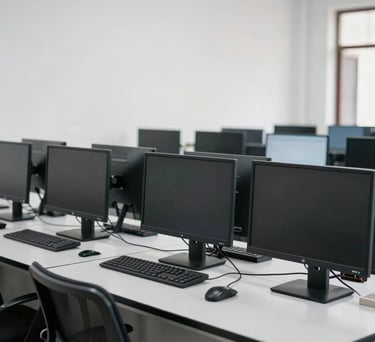 Clean and organized computer lab in an Indonesian primary school with flat-screen monitors and ergonomic chairs, bright interior with white walls.