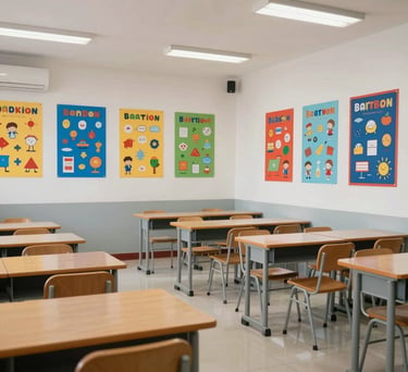 A spacious and bright modern classroom in Indonesia, featuring colorful educational posters on the walls and organized student desks.