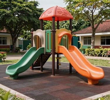 A well-maintained, clean outdoor playground of an Indonesian school with modern equipment, surrounded by green trees and a safe rubber flooring under bright daylight.
