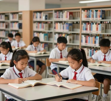 A well-organized school library with shelves of books, low tables for children, and Southeast Asian students in white and red uniforms reading quietly, professional photography.