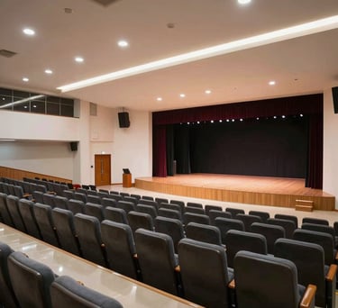 Interior of a modern school auditorium in Indonesia, with rows of seats and a stage, designed with clean lines and a professional atmosphere.