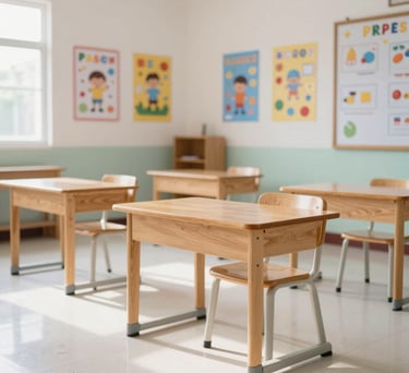 A bright and airy Indonesian elementary classroom with modern wooden desks, colorful educational posters on the walls, and clean white flooring, soft natural morning light.