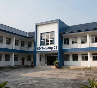 Wide shot of the main building of SD N Tonjong 03, featuring modern Indonesian school architecture, a clean courtyard, and navy blue accents.