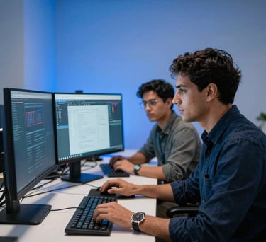 A medium shot photography of software developers and digital marketers working together in a contemporary Latin American / Hispanic Enterprise workspace, featuring sleek dual monitors, electric blue lighting backdrops, and an atmosphere of focus and innovation.