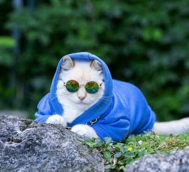 Un gato blanco y elegante con una sudadera azul y gafas de sol redondas reflectantes al aire libre.