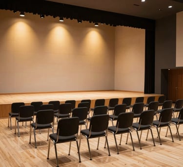 A wide shot of a modern minimalist performance hall in a South Asian / Indian institution, featuring charcoal black chairs and a warm beige wooden stage lit with golden spotlights.