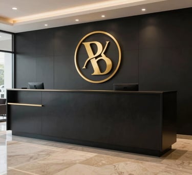 Photography of a sleek, modern South Asian / Indian academy reception area, featuring a gold logo on a charcoal black wall and warm beige marble flooring, ultra-premium look.