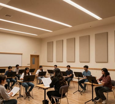 Photography of a modern music classroom in a South Asian / Indian academy, featuring high ceilings, warm beige walls, and organized acoustic panels with a minimalist luxury feel.