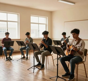 A group of young South Asian / Indian students practicing music in a bright, warm beige studio with large windows and minimalist decor, emphasizing an elite educational environment.