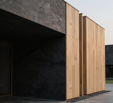 An artistic architectural detail of a South Asian / Indian cultural center, featuring clean minimalist lines, a mix of charcoal black stone and warm beige wood, under soft evening light.