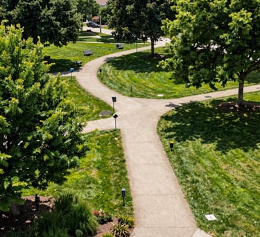 Professional high-angle shot of a lush community park in the US with well-maintained paths and greenery, symbolizing stability and community well-being under bright, natural daylight.