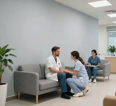 Wide shot of a modern, clean healthcare clinic waiting area with light gray walls and comfortable seating, emphasizing compassion and professionalism.