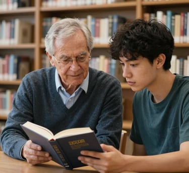 Photography of a mentorship session in a library in the US; an older adult and a young person are looking at a book together, representing hope and education.