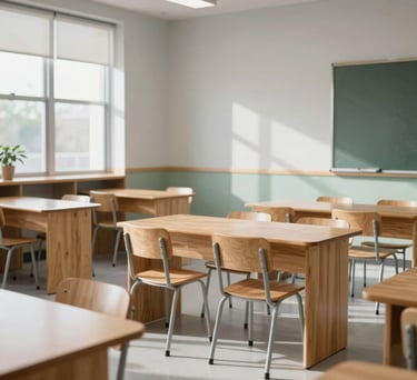 Clean, sophisticated photography of a modern, sun-drenched classroom interior in a North American school, featuring natural wood furniture and soft, light gray and sage green accents.