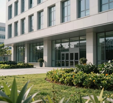 Photography of a modern healthcare facility exterior with clean lines and landscaped greenery, reflecting stability and professional care.
