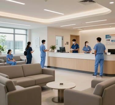 A professional photography shot of a modern healthcare facility interior in the US, featuring clean lines, comfortable seating, and a sense of calm professionalism and community care.