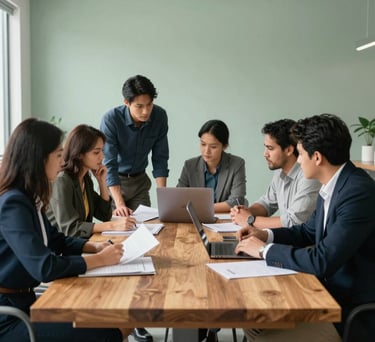 A group of professionals in North America collaborating around a large wooden table in a bright, modern office with soft sage green walls, focusing on documents and a laptop.