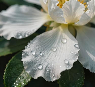 An artistic close-up of sun-drenched floral petals with water droplets, highlighting textures and deep green leaves, modern and high-resolution style.