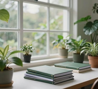 A bright, airy photo of a clean botanical workspace with open glass windows, featuring various soft green indoor plants and a neat pile of garden journals, North American setting.