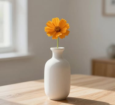 A close-up photograph of a minimalist white ceramic vase containing a single, vibrant wildflower, placed on a light wooden table in a bright North American studio with soft morning light.