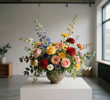 A vibrant photo of a colorful flower arrangement on a clean off-white pedestal, minimalist composition with a soft-focus background of a modern North American loft.