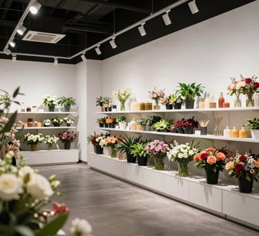 A wide-angle photo of a modern, open-concept North American retail space with white walls and modular shelving displaying a curated selection of fresh flowers.