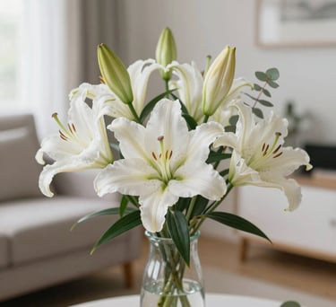 A close-up of fresh white lilies and eucalyptus leaves in a clear glass vase, bright and airy morning light in a North American living room setting.
