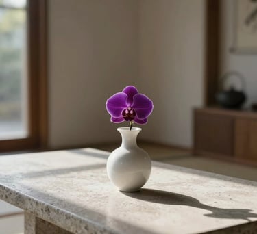 Minimalist photography of a serene tea ceremony room in a North American retreat center. A single deep purple orchid sits in a white ceramic vase on a low light-grey stone table. Soft, natural morning light creates a calming ambiance.