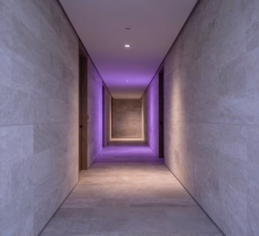 A professional photograph of a luxury retreat corridor with pale gray stone walls and soft violet ambient lighting along the floor. The setting is modern and serene, located in the North American region.
