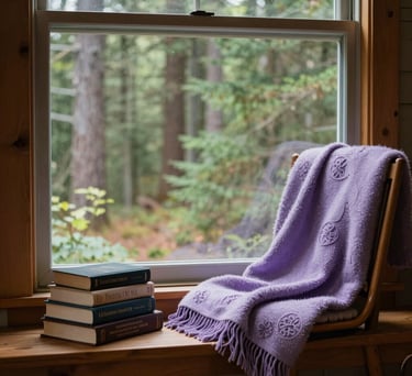 A cozy, elevated reading nook in a North American retreat center with a large window overlooking a forest, a lavender throw blanket on a chair, and a stack of spiritual books.