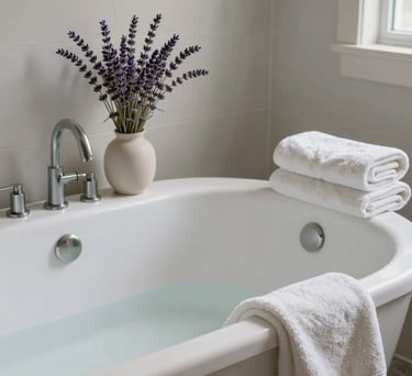 A detailed lifestyle shot of a tranquil bathroom in a spiritual center, featuring a deep white soaking tub, soft lavender sprigs in a vase, and clean off-white towels. North American / US style.