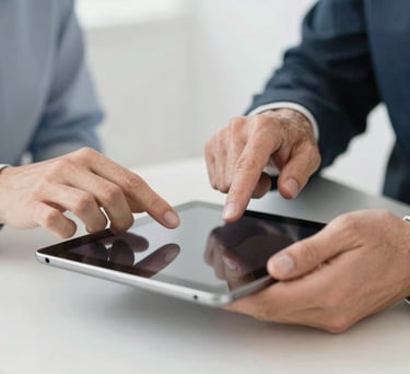 Close-up of two pairs of hands—one younger, one older—working together over a tablet in a modern office, representing technology access and mentorship, soft pearl white background.