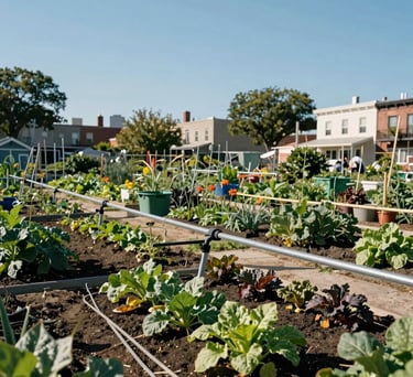 A vibrant community garden in a US urban neighborhood, showing sustainable irrigation systems and healthy crops, under a clear blue sky.