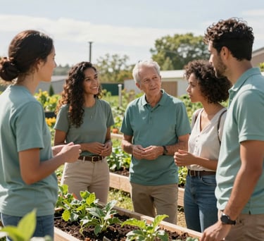 A group of diverse professionals in a North American community garden discussing sustainable development projects, bright natural lighting, sage teal clothing accents.