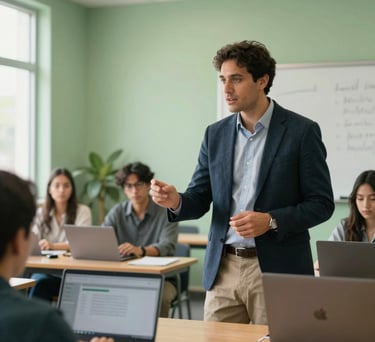 A professional mentor in North American business casual attire teaching a digital literacy class in a bright, sunlit community center with soft moss green walls.