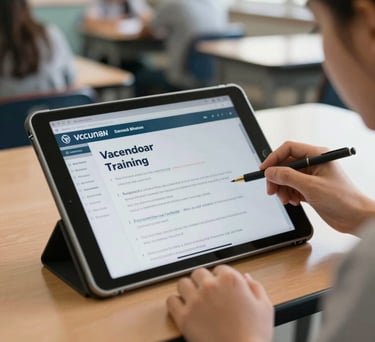 A close-up of a digital tablet being used in a North American classroom, showing vocational training software, with soft morning light and a professional atmosphere.