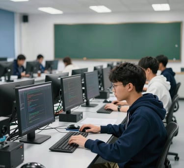 A high-tech vocational training lab in North America with clean lines, computer stations, and students focused on coding, deep navy blue and forest green decor.