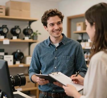 A local entrepreneur in a North American small business shop receiving mentorship from a foundation representative, warm and approachable lighting.