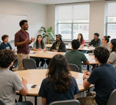 A vibrant community center workshop in North America where a local leader is speaking to a group of engaged citizens, bright and hopeful atmosphere.