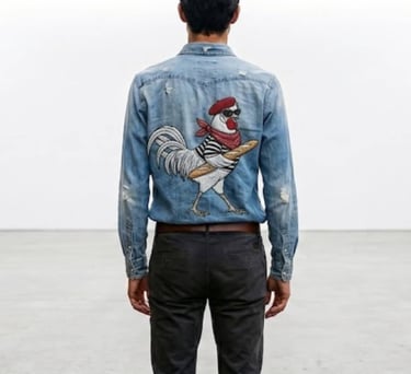 Camisa de mezclilla con gallo frances bordado a mano