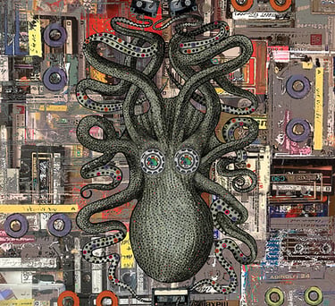 Surreal octopus collage art made from vintage cassette tapes and mixed media.