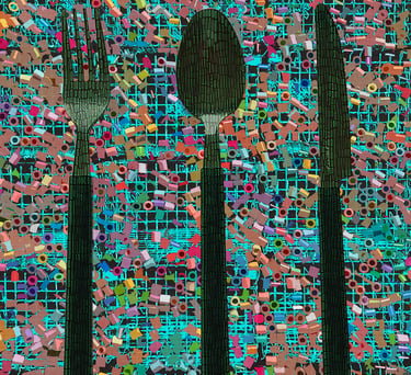 Digital art of a binary code pattern fork, spoon, and knife over colorful beads and lobtser cages