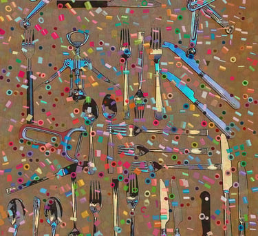 Digital pop art of kitchen utensils and silverware with colorful confetti patterns.