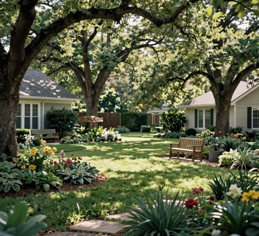 A peaceful residential garden in North Houston, Texas, featuring lush spring greenery, soft sunlight filtering through oak trees, and a wooden bench, wide shot, photography.