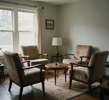 A small, intimate living room setting with four chairs arranged for conversation, soft natural light, North American home, photography.