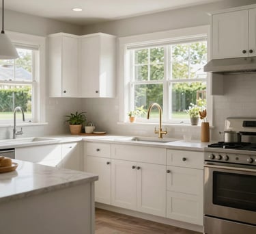 A bright and airy kitchen with clean lines and a view of a green backyard, North American residential style, soft natural light, photography.