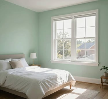 A clean, minimalist bedroom in a North American home, featuring light green accents and abundant natural sunlight through a large window, photography.