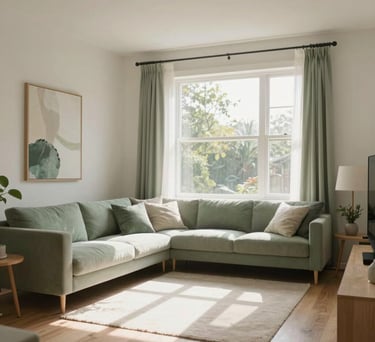 A serene, sun-drenched living room in a modern, light-filled North American home, clean and minimalist decor with soft green accents, tranquil atmosphere, soft natural light streaming through a window, wide shot, inviting and calm.