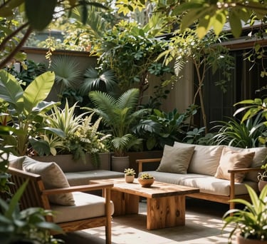 A peaceful outdoor garden or patio area, lush green plants, warm sunlight filtering through leaves, a comfortable seating area, natural wood and stone textures, North American style, conveying calm and renewal.